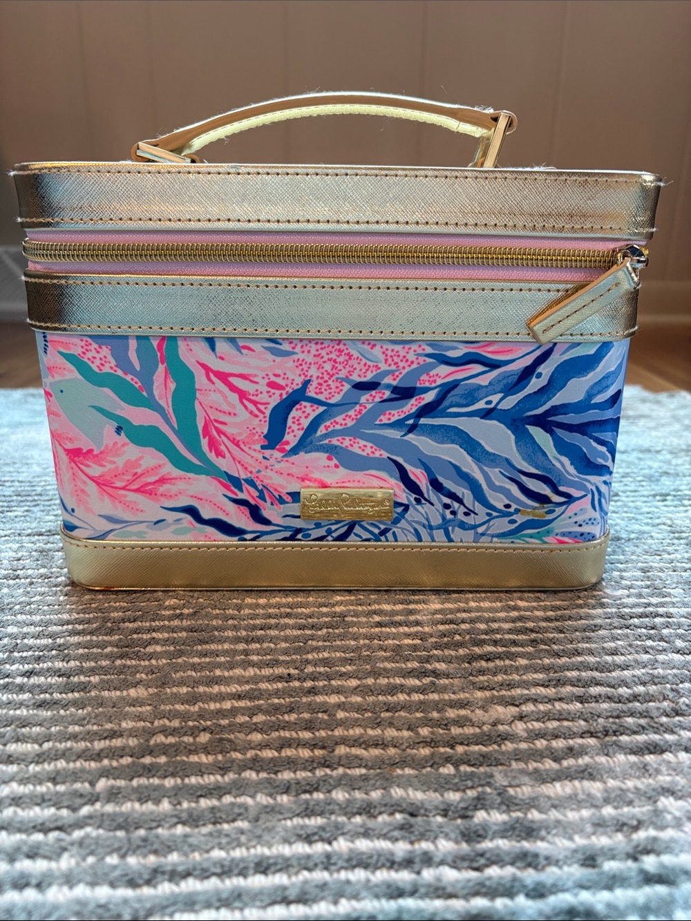 Lilly Pulitzer Gold-Trim Floral Print Cosmetic Case in Pink, Blue, Teal